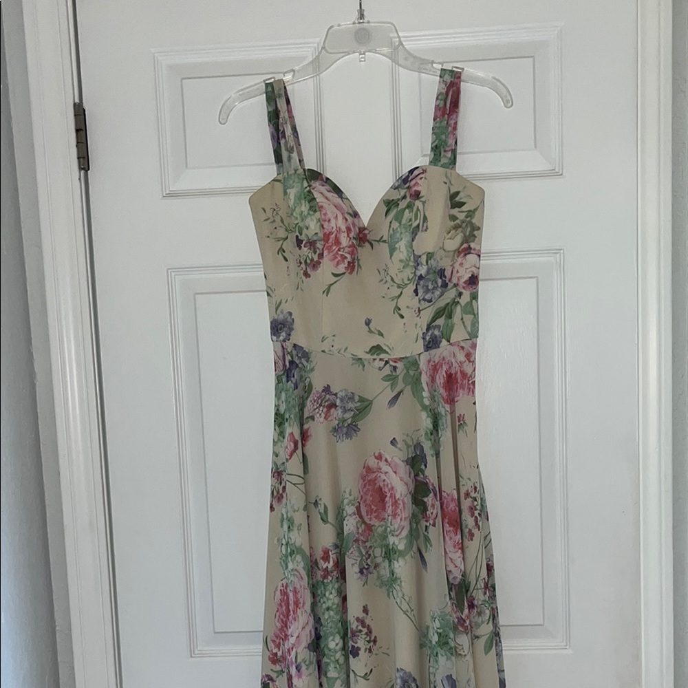 Cream and Pink Full Length Formal Dress. Never worn, never altered. RUNS SMALL.